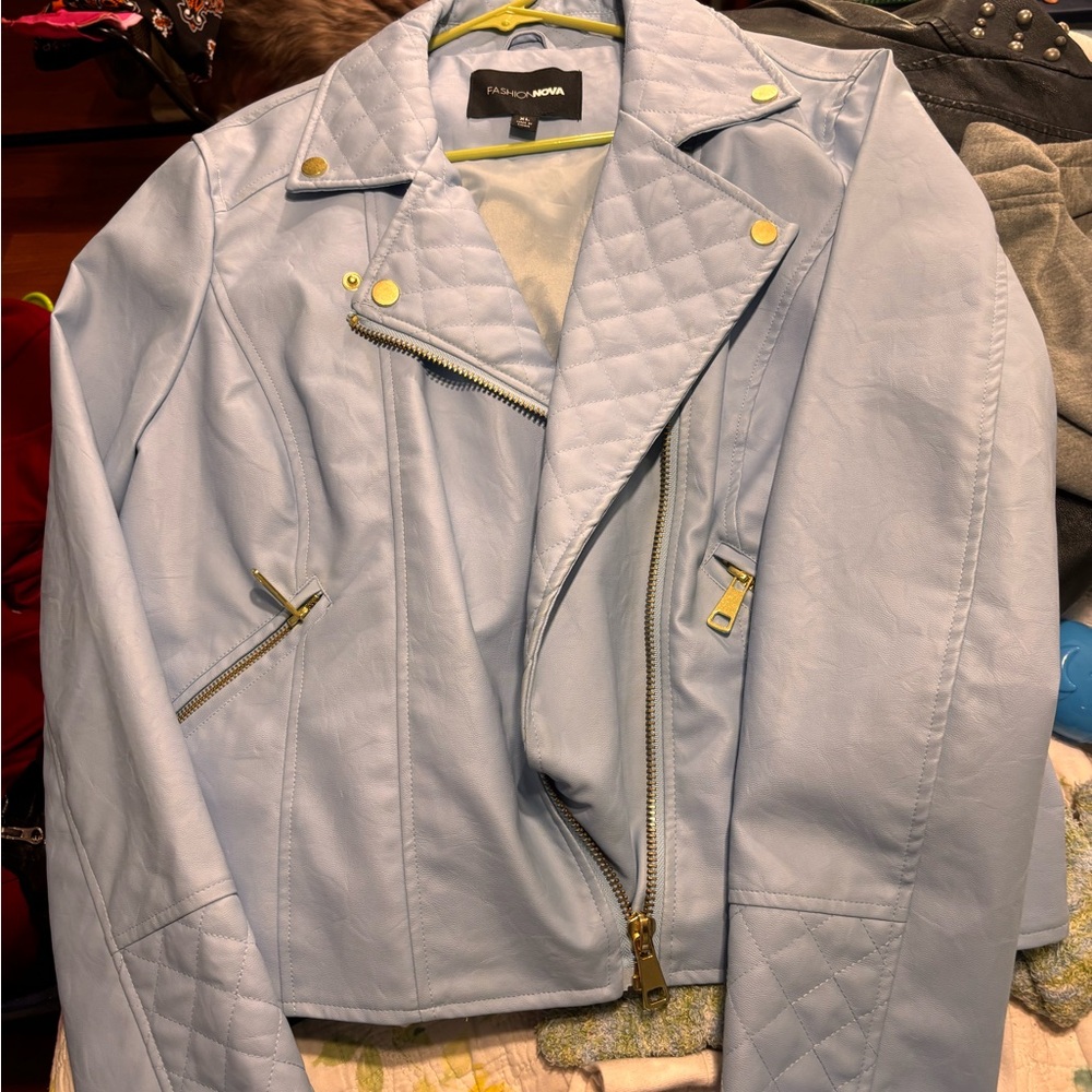 Fashion Nova Light Blue Leather Jacket